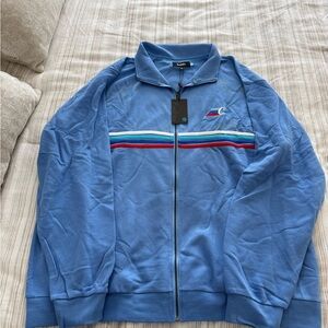 Classic Blue Zip-Up Sweater with Striped Accents